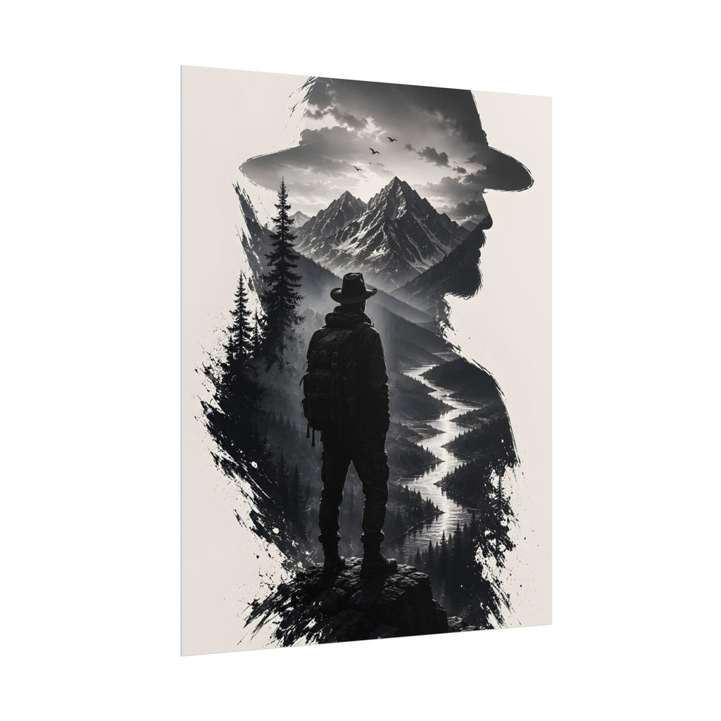 Adventure Silhouette Poster — Hiker, Mountains & River Rolled Wall Art