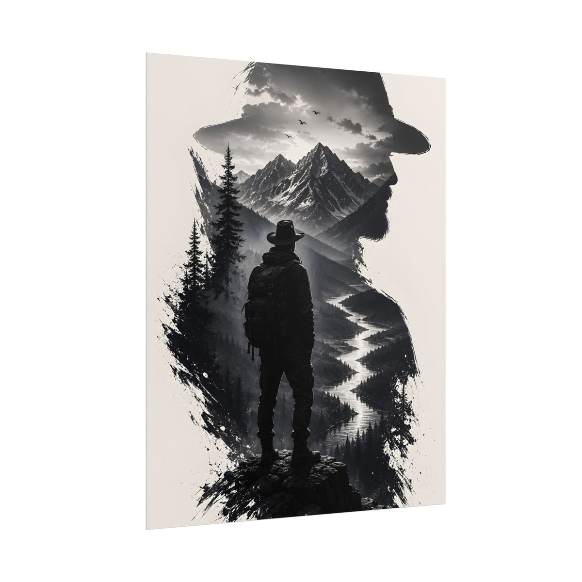 Adventure Silhouette Poster — Hiker, Mountains & River Rolled Wall Art