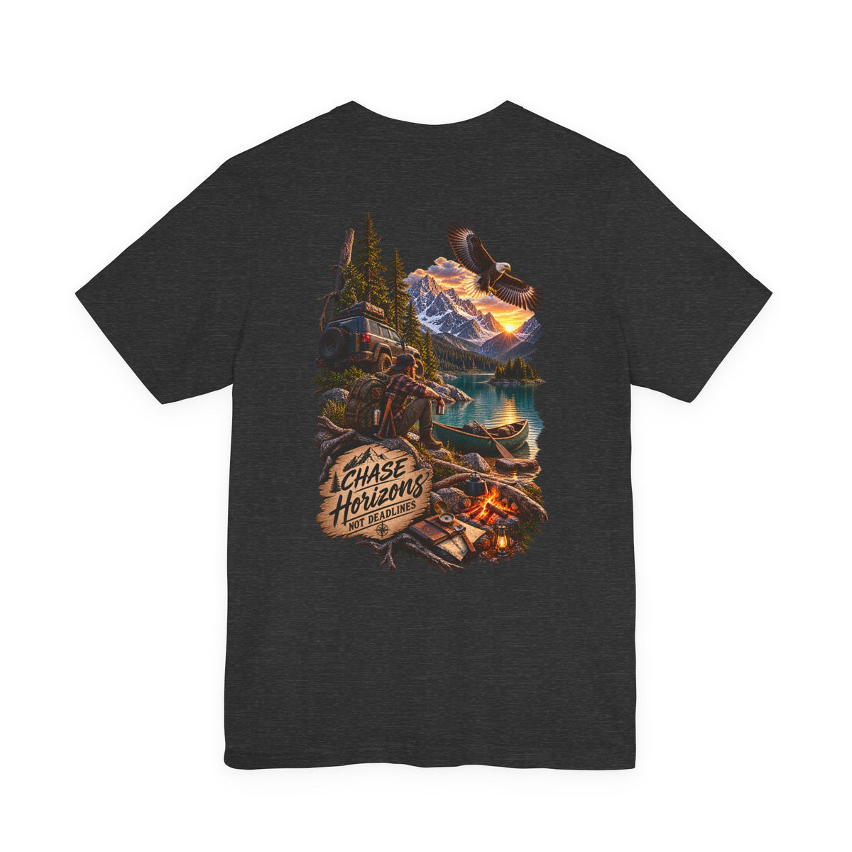 Adventure Graphic Tee — "Chase New Horizons" Mountain & Eagle Back Print