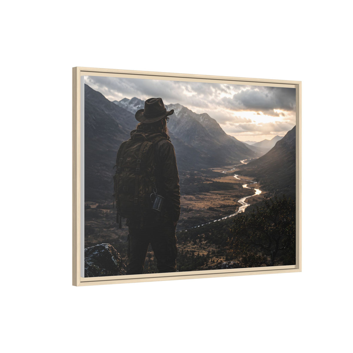 Wanderer in the Valley Matte Framed Canvas – Adventure Landscape Wall Art