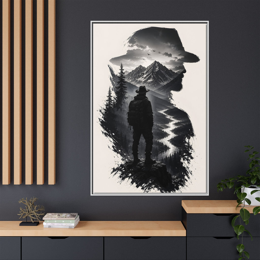 Adventure Silhouette Matte Canvas Framed Print — Mountain Hiker Double Exposure Wall Art
