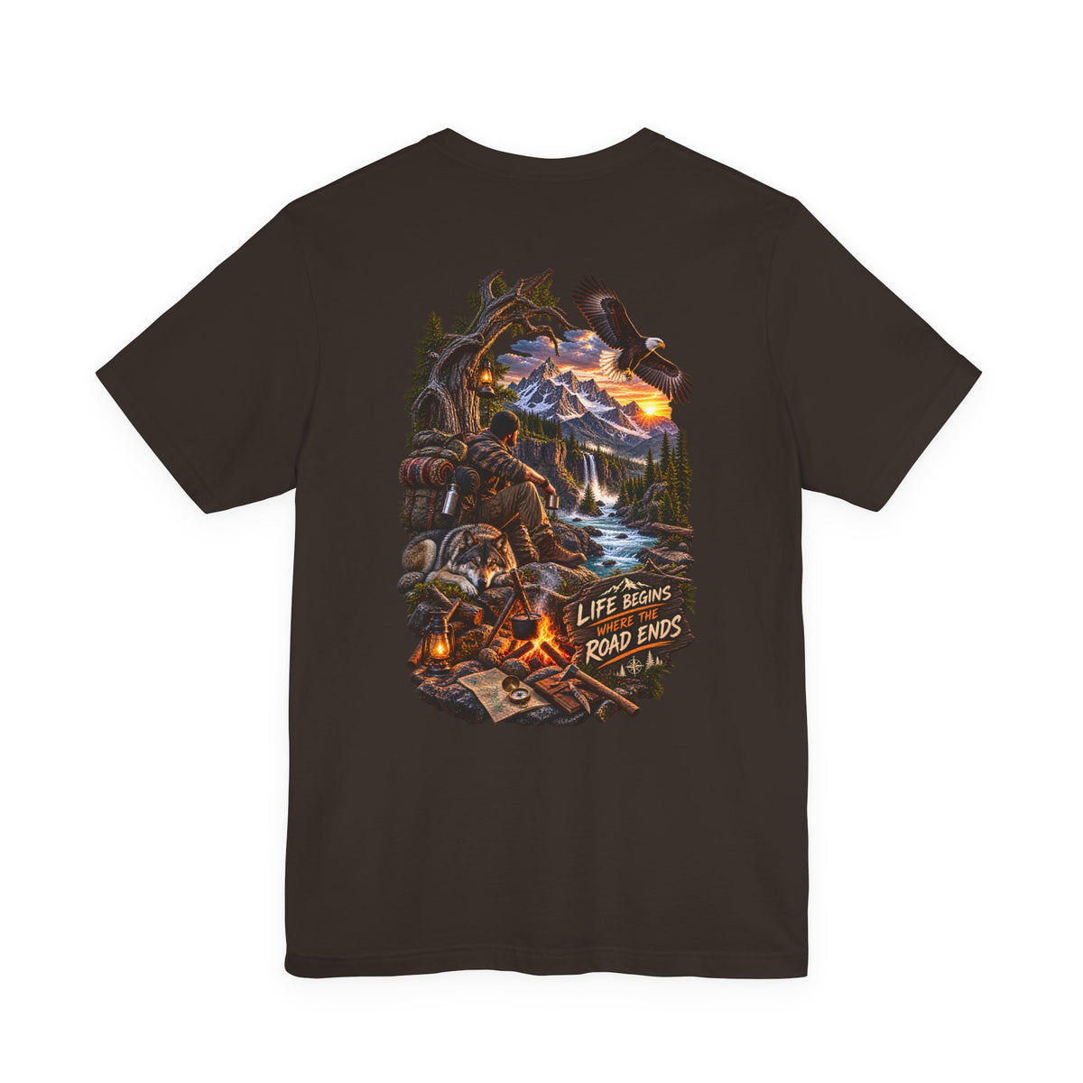 Adventure Campfire Tee — Life Begins Where the Road Ends Graphic T-Shirt