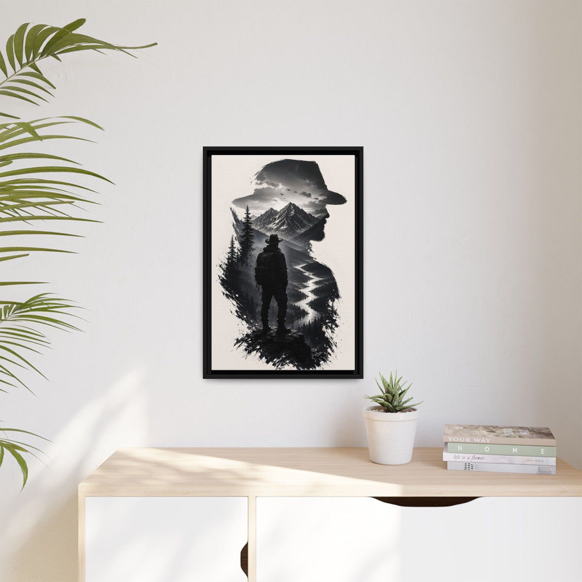 Adventure Silhouette Matte Canvas Framed Print — Mountain Hiker Double Exposure Wall Art